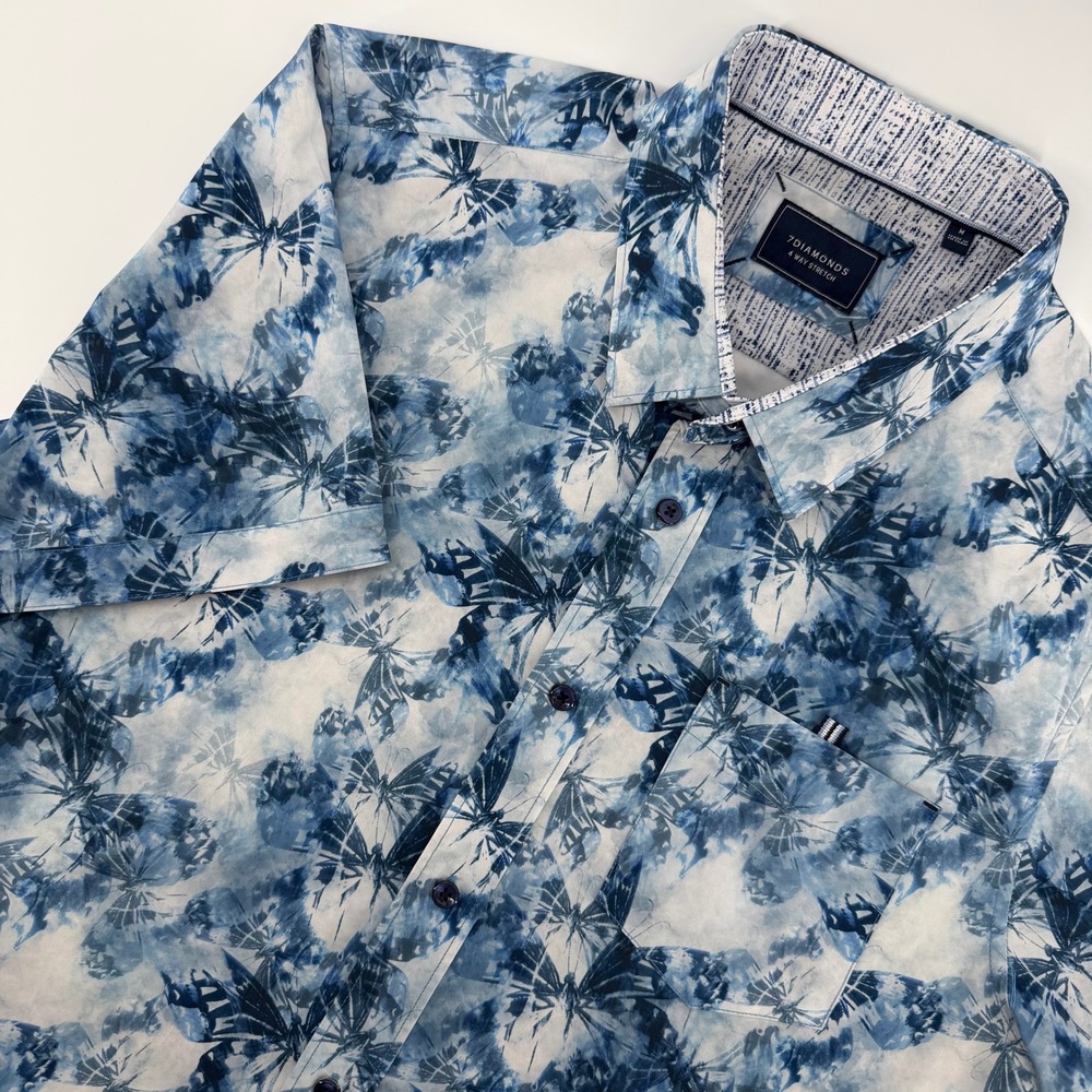 7Diamonds Button Down Shirt Mens Medium‎ Blue Butterfly Fly Away 4 Way Stretch
